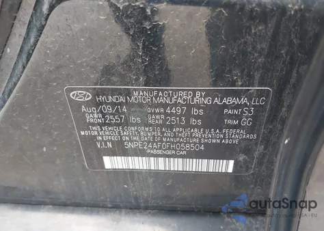 2015 Hyundai Sonata Se from USA, damaged, VIN 5NPE24AF0FH058504